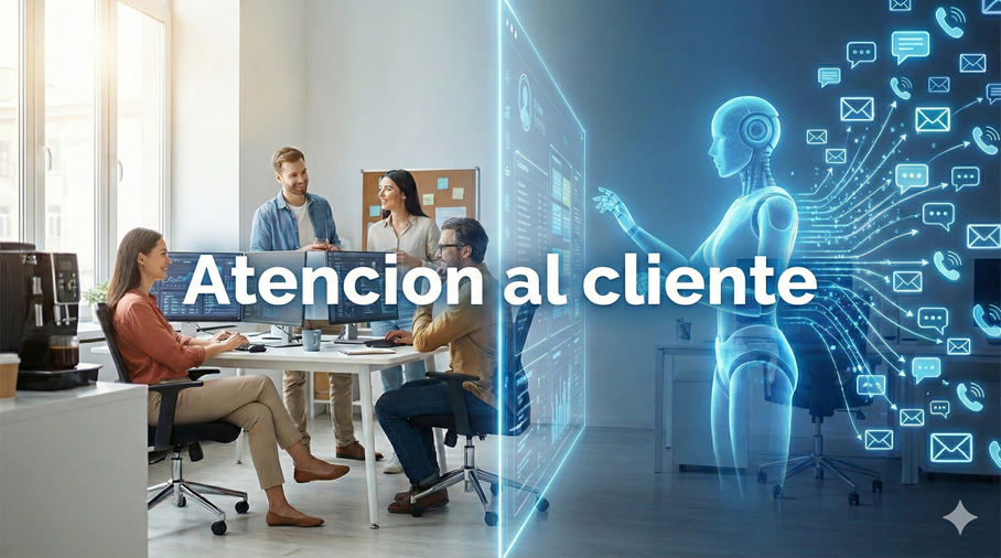Gráfico dividido con el texto central 'Atención al Cliente': a la izquierda un equipo humano relajado y a la derecha un agente IA gestionando masivamente consultas y datos
