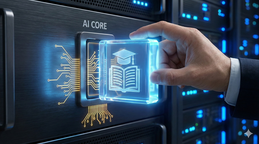 Primer plano de una mano insertando un módulo brillante con un símbolo de educación en un servidor, ilustrando cómo la formación activa la rentabilidad de la inversión en Inteligencia Artificial.