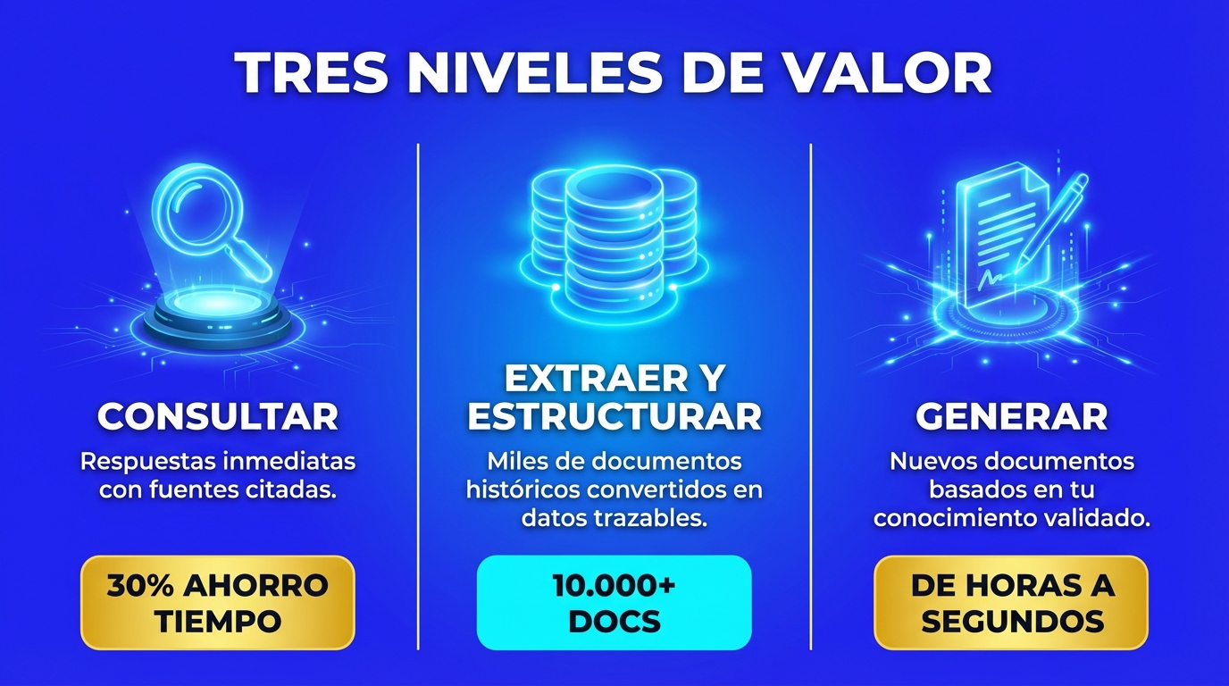 Infografía de los tres niveles de valor de Business Brain AI: Consultar, Extraer y Estructurar, y Generar documentos