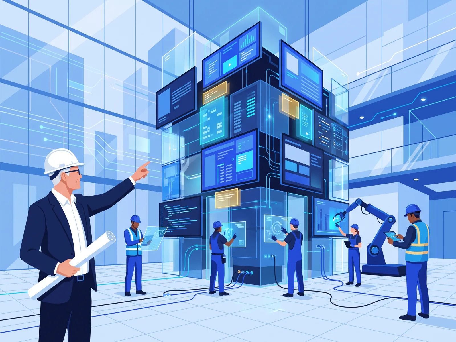 Un director de obra sénior dirige a un pequeño equipo técnico que construye el departamento de inteligencia artificial dentro de una gran empresa