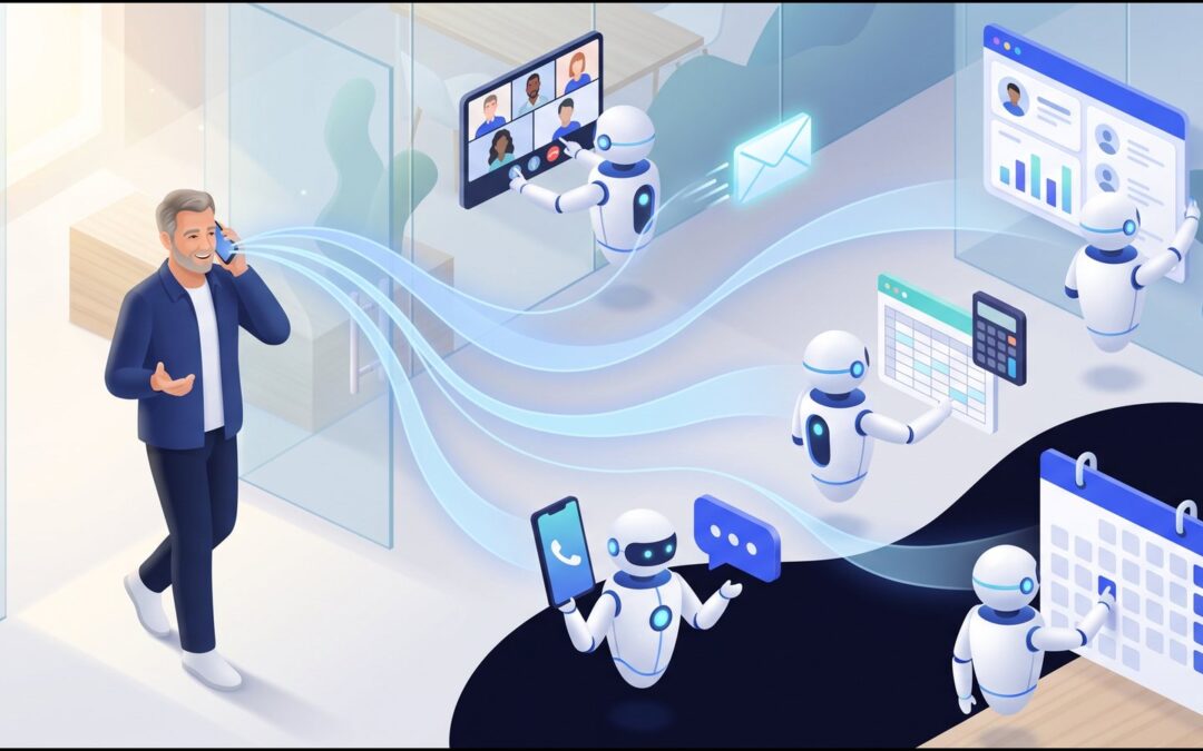 Illustration: a business owner talks on his phone while small robots carry out his instructions at the same time in the video call, email, customer record, quote, chat and calendar