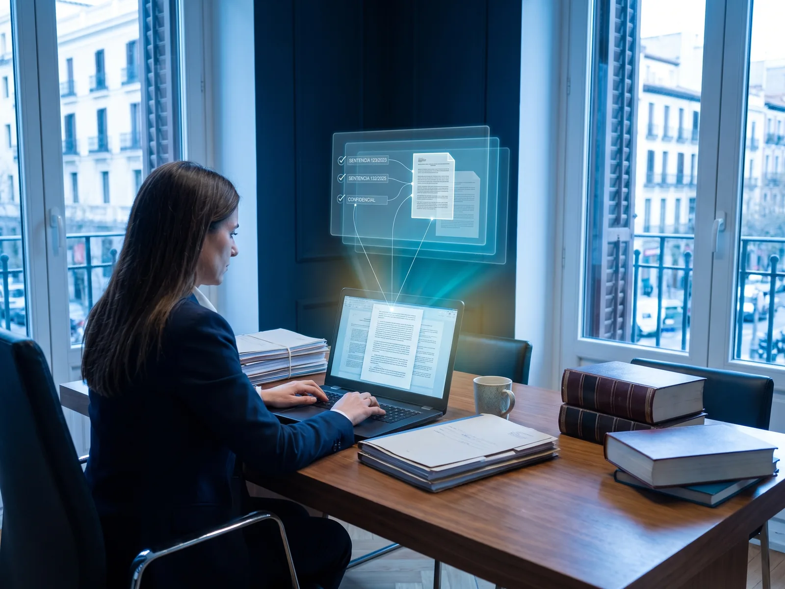 Lawyer in her office reviewing a document on her laptop, with case files and verified court citations connected