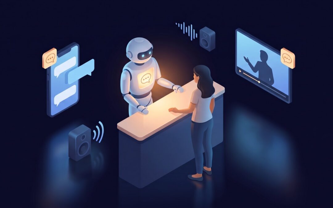 Illustration: At the counter of a small shop, a robot assistant with a light panel with a dialogue bubble, identifying it as AI, is serving a customer; around it, a mobile phone with a chat app, speakers, and a video have the same label.